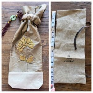 Two (2) wine bags - Asian silk with Floral Design + burlap in vino veritas